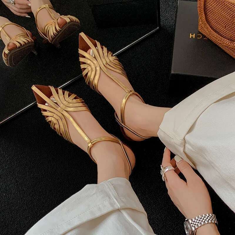 Designer Women Narrow Band Sexy Sandals Kitten Heels Pointed Toe Ladies Concise Footwear Summer Golden Shoes
