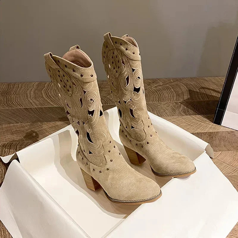 Hollow Embroidered Vintage Western Boots Women Autumn Chunky Heels Knee High Cowboy Boots Woman Pu Leather Knight Booties 250411