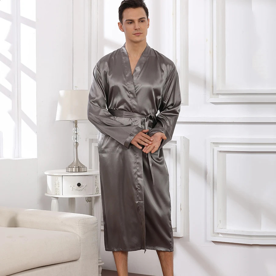 Plus Size 3XL Men Long Bathrobe Sleepwear Black Bridegroom Wedding Robe Spring Summer Sleepwear Nightwear Loose Satin Home Wear 250409