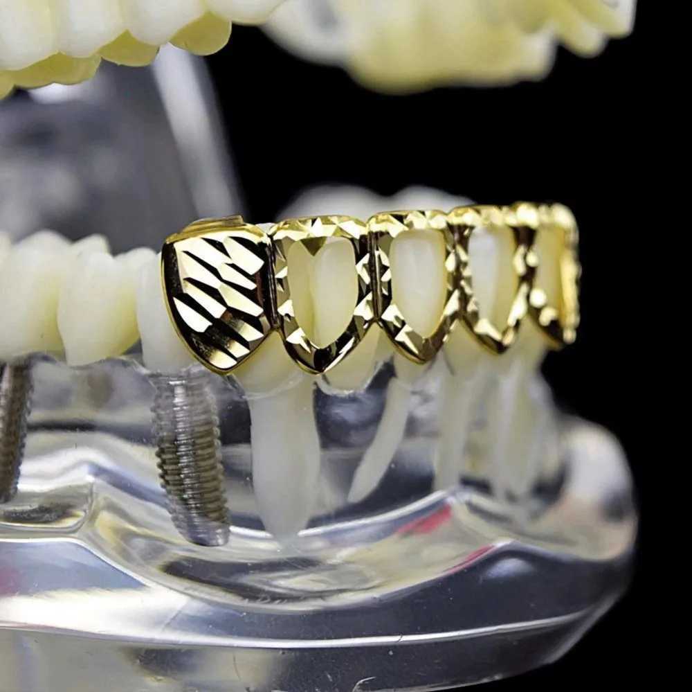 TOPGRILLZ D-Cut Grilz Set Pure Gold Plated Upper and Lower Teeth 4-Open Hip Hop Grill Hollow Teeth Grill Set W250412