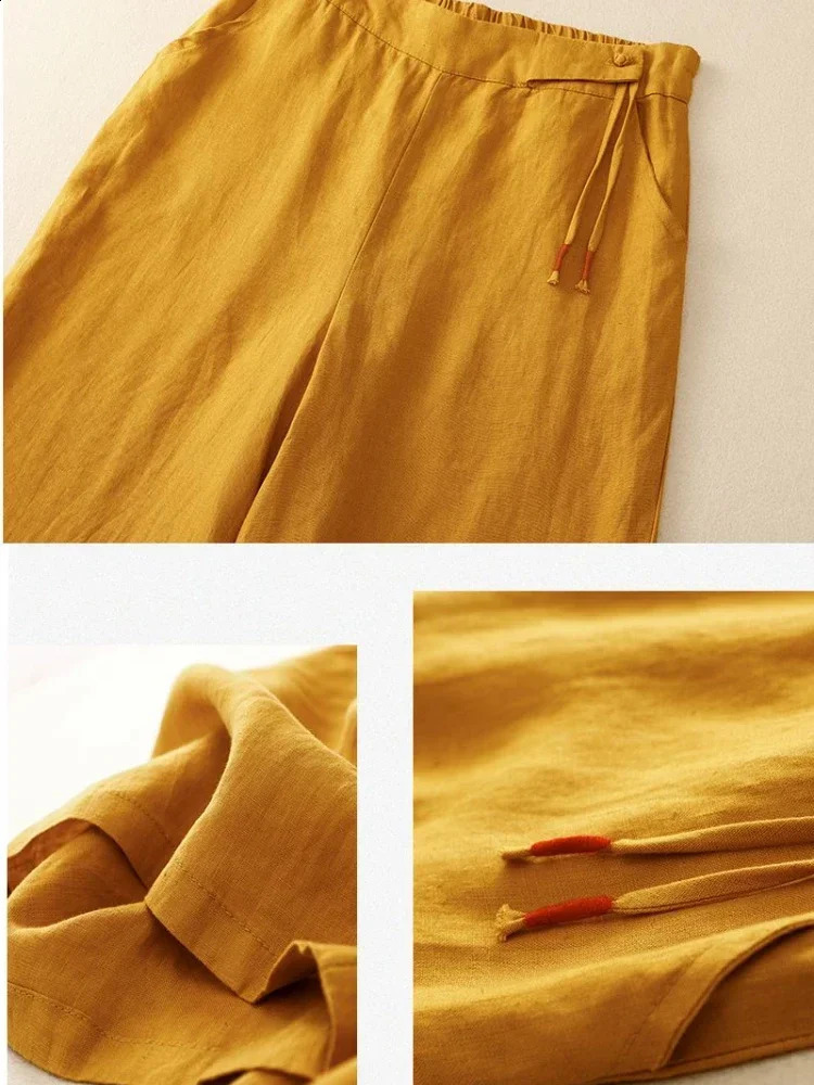 Retro Art Summer Wide Leg Pants Womens Elastic High Waist Cotton and Linen Casual Pants Loose Straight Yellow Womens Pants 250408