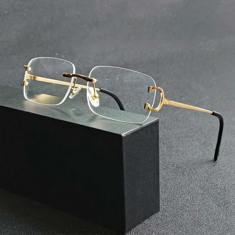 HBK Retro Rimless Sunglasses For Women Men Small Square Gold Frame Brand Design Tea Shades Rectangle UV400 Zonnebril EyewearC250411