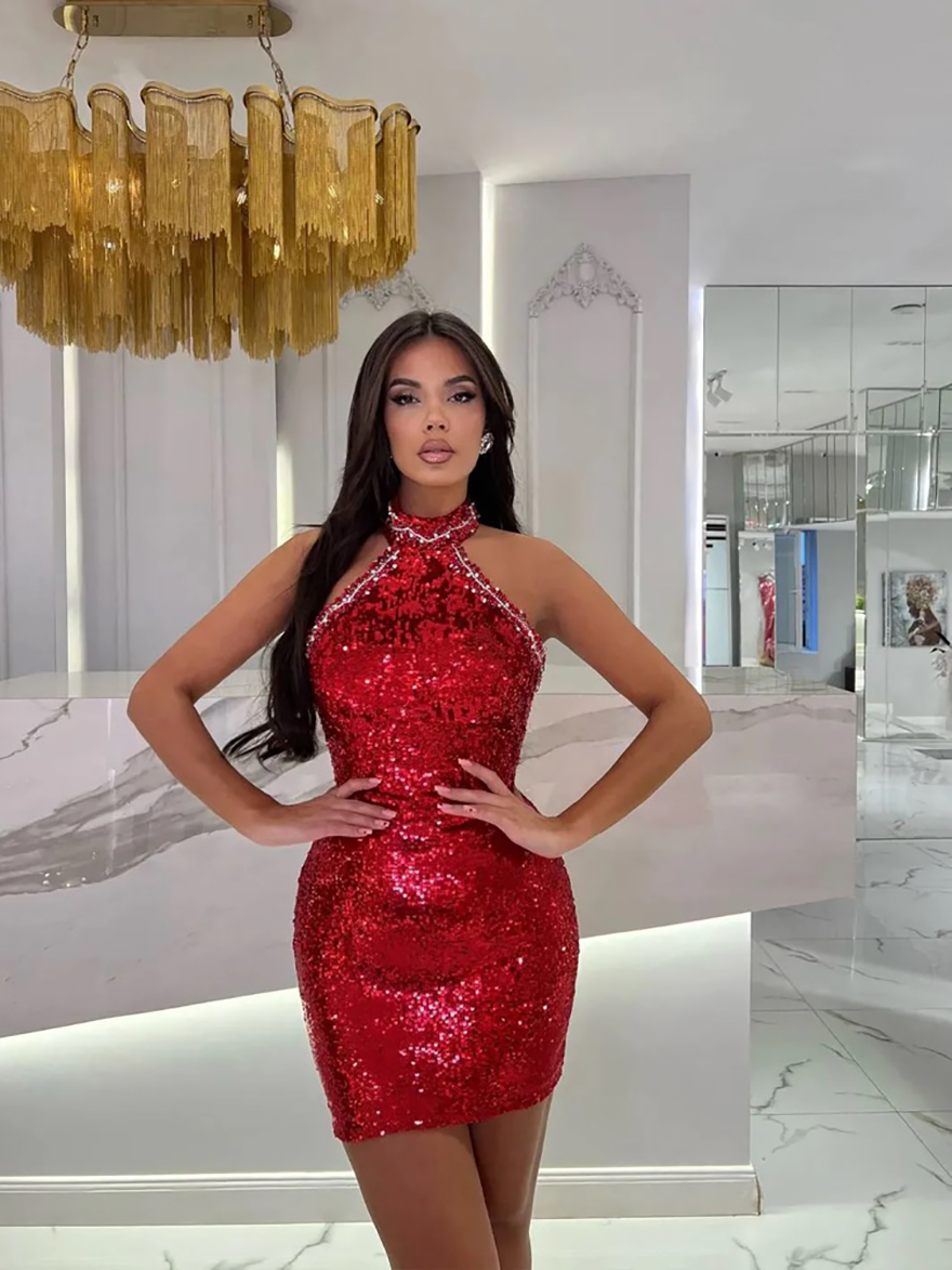 Sexy red Short cocktail Dresses halter sequins short prom Dress backless Mini Party Gowns sheath homecoming graduation dress