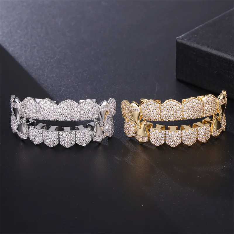 Htpwe Hip Hop Full CZ Stones Teeth Grillz Hat Cube Zircon Ice Out Mini Paving Mens and Womens Jewelry Top and Bottom Charm Grill W250412