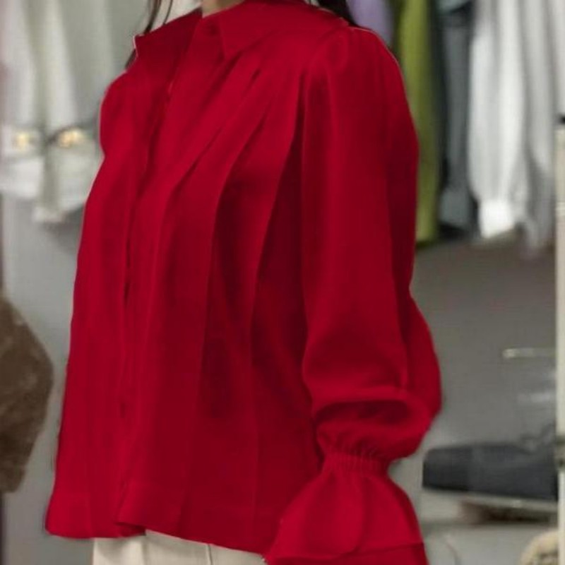 Women's Blouses & Shirts--Trendy European Style Womens Long Sleeved Pleat Flared Blouse-8021