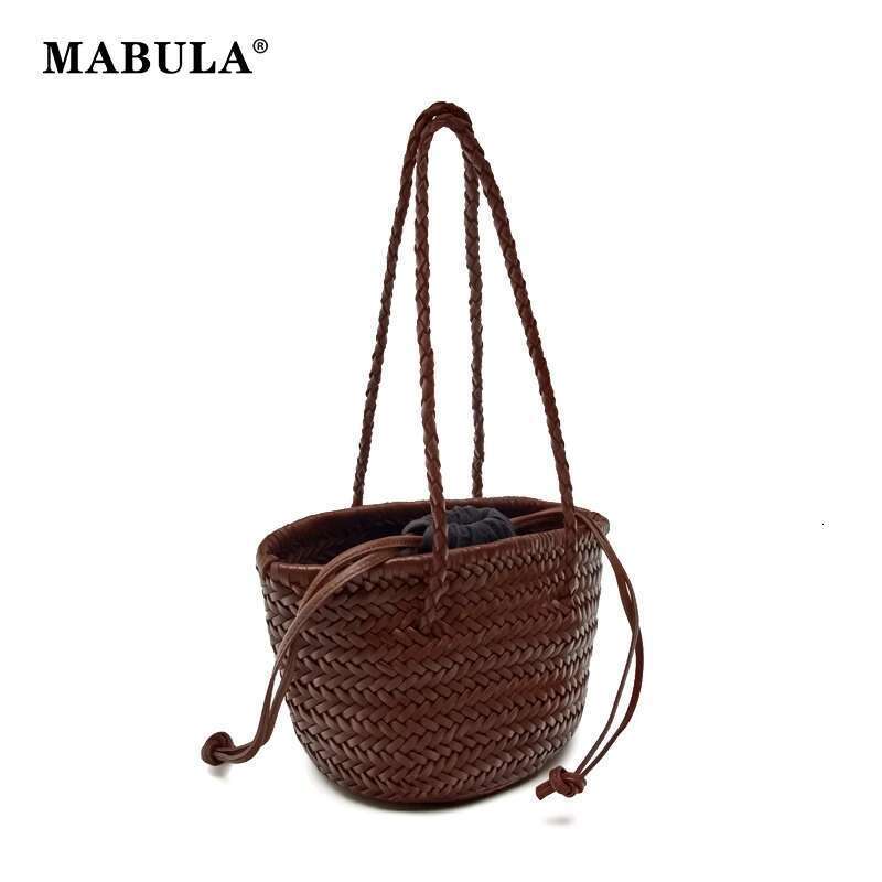 MABULA Vegant Leather Woven Tote Bag For Women Classical Handwoven Drawstring Shoulder Shopper Purse Big Capacity Beach Handbag