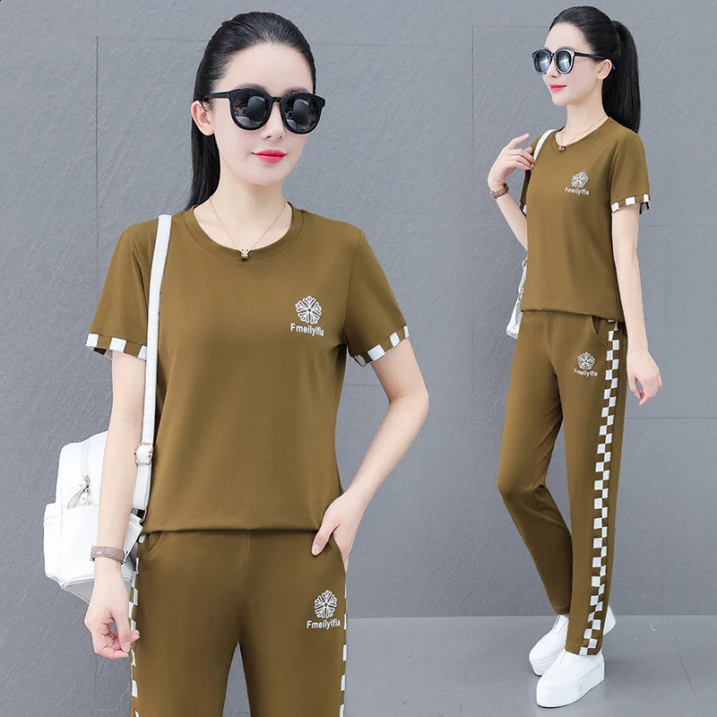Summer Woman Trouser Sets Solid O Neck Short Sleeves T-Shirt Top Elastic Waist Pockets Female Loose Long Pant 250411