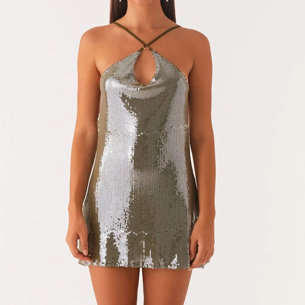 hirigin Womens Glitter Y2K Sequin Bodycon Mini Dress Front Circle Ring Criss Cross Sparkly Dress Open Back Short Dress Clubwear 250409