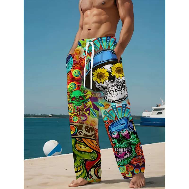 Men'S Summer Fashion Casual Pants Comfortable Loose-Fit 3D Skull Print Polyester Trousers Suitable For Outdoor Activities