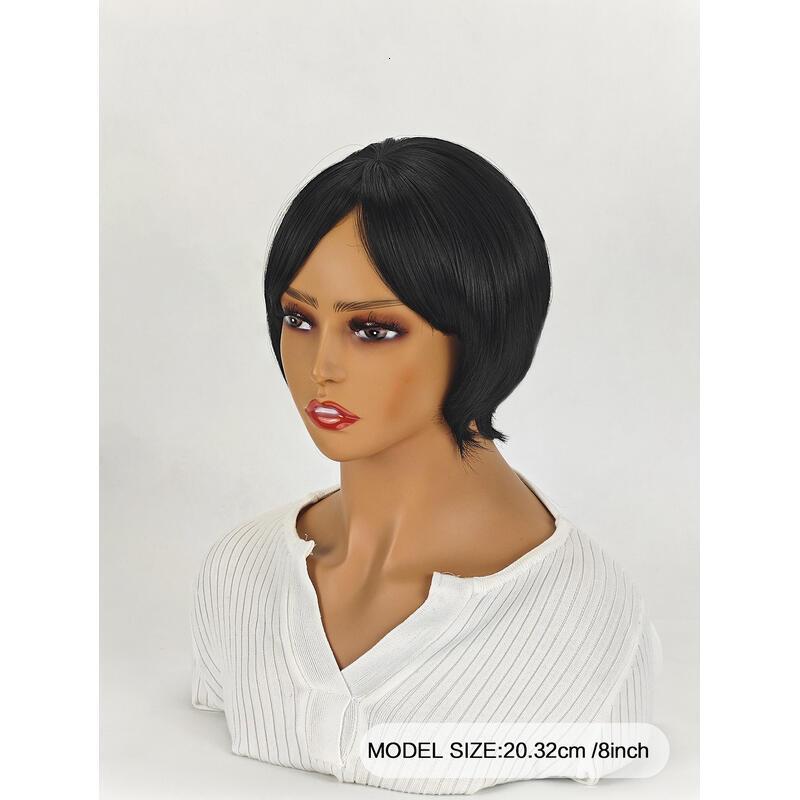8 inch Straight Short Bob Hair Flat Bangs Cute Central Dot Skin Top Heat Resistant Synthetic Wigs (Natural Black)