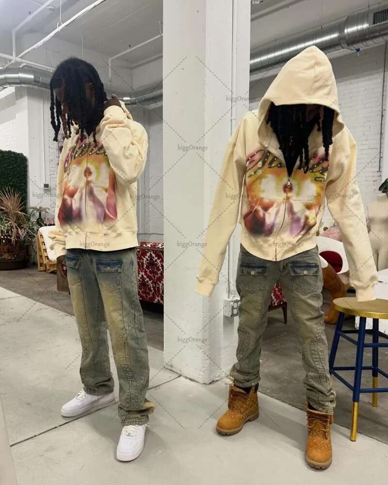 European and American Retro Zipper Hoodie Men Y2k Letter Graffiti Print Oversized Sweatshirt Haruku Versatile Jacket Women