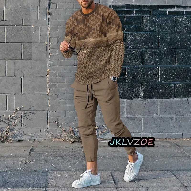 Autumn mens track suit set printed long sleeved T-shirt Trouser 2-piece set 3D striped streetwear oversized casual setXJ250412
