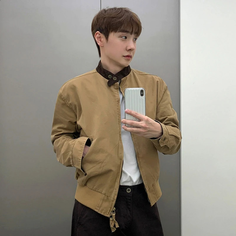 IEFB Contrast Color Mens Jacket Korean Stand Collar Loose Double sided Zipper Fashion Casual Jacket Spring Mens Jacket 9W780 250411