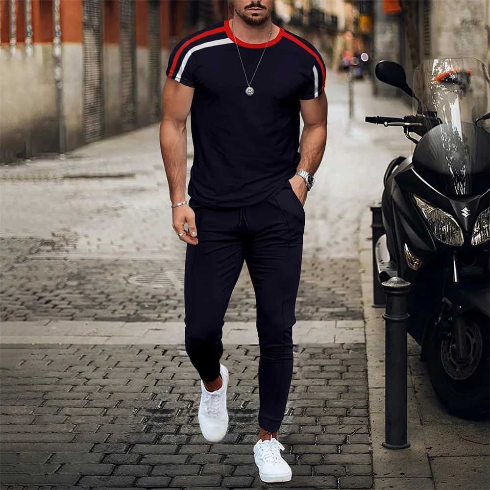 Mens sportswear set 2-piece short sleeved T-shirt+sweatpants set mens streetwear retro sportswearXJ250412