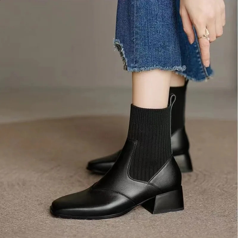 Women Sock Boots Square Toe Spring Autumn Women Casual Chelsea Botines Medium Heel Knitted Brown Black Ankle Boots for Women 250411