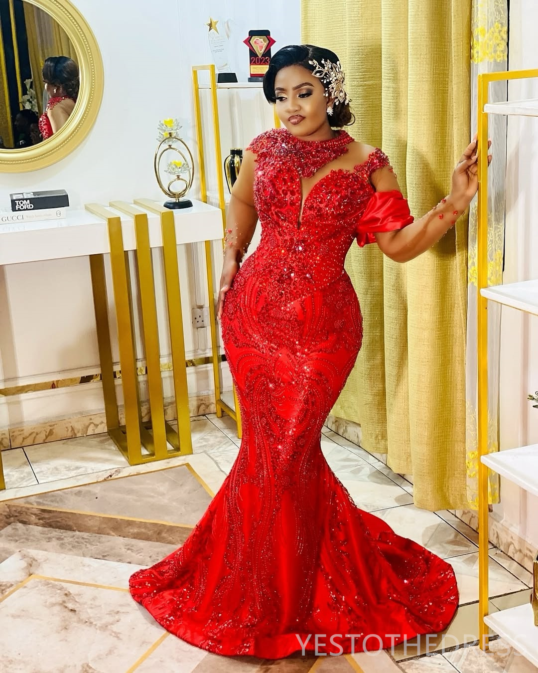2025 Plus Size Red Prom Dress Mermaid Prom Dresses Evening Formal Gowns For Special Occasions High Neck Beaded Lace Birthday Second Reception Gowns AM