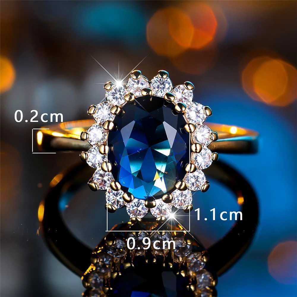 Luxury Womens Crystal Blue Oval Zircon Engagement Ring Vintage Gold Colorful Womens Wedding JewelryXJ250412