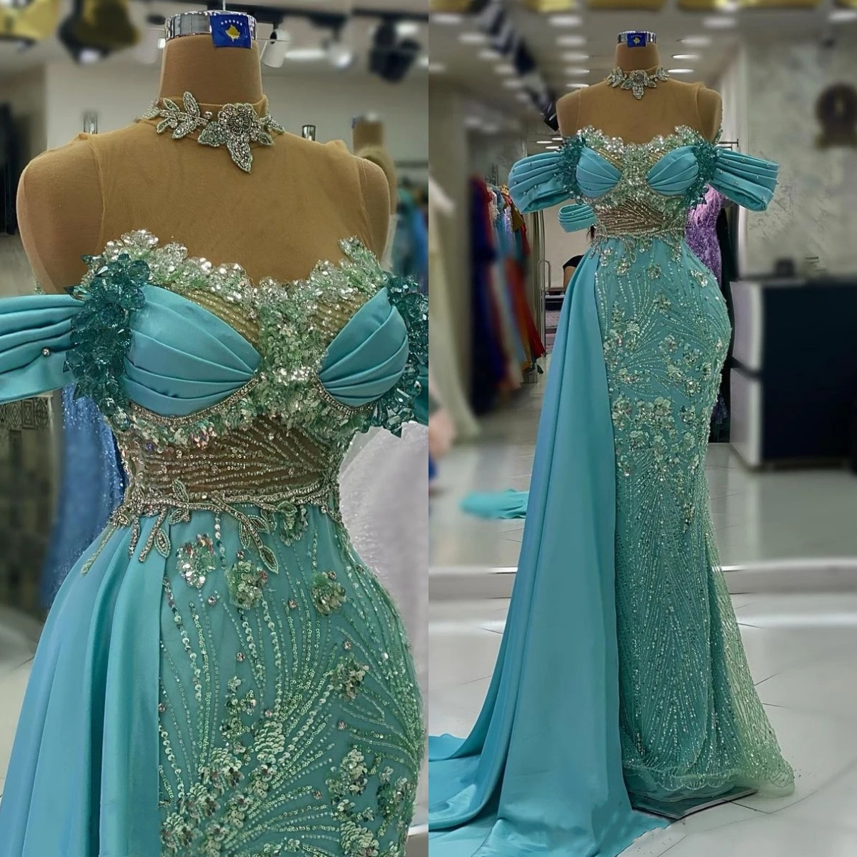 Graceful Evening Dresses High Neck Prom Gowns Sequins Beading Detachable Train Crystal Customized Formal Occasion Party Dress Vestidos de noche