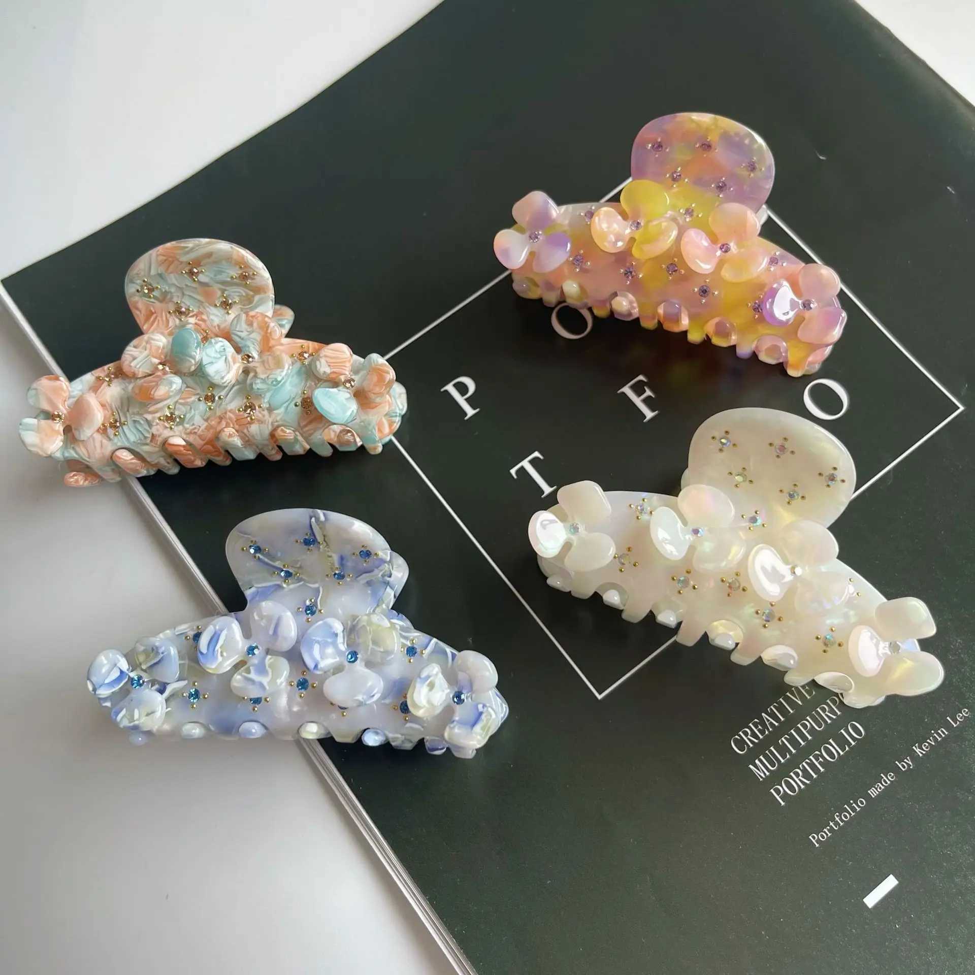 Muweordy Flower Hair Claws Acetate Claw Clip Rhine Stone Hair Clip Fashion Crab Hair Clip Ins Womens Hot Hair Accessories Y2504012