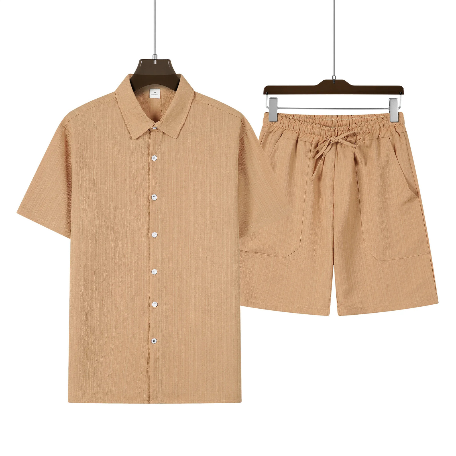 Mens solid color striped short sleeved casual shirt oversized beach shorts summer streetwear 250411