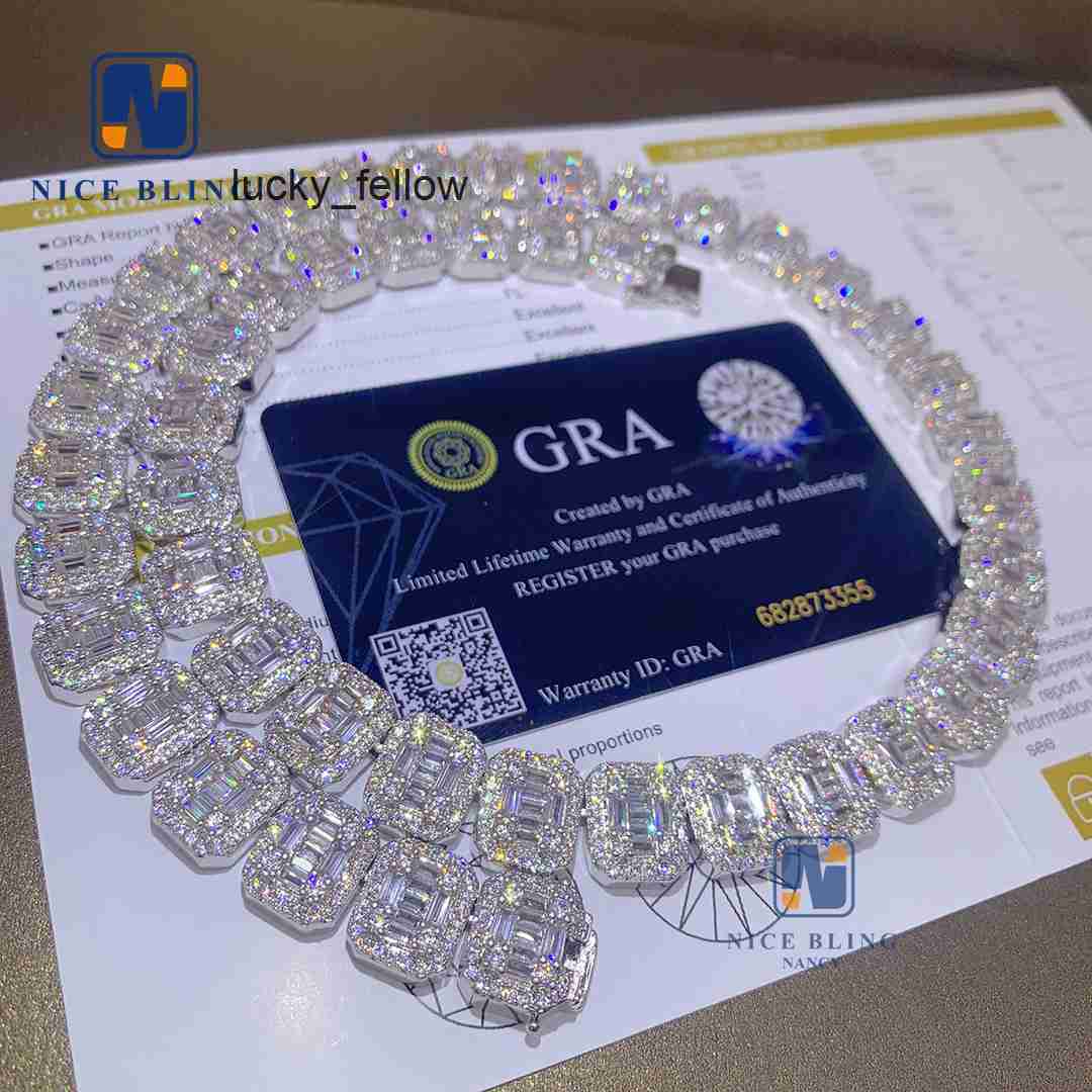 Full Moissanite Diamonds 925 Sterling Silver Cuban Link Necklace VVS baguette Moissanite Iced Out Jewelry