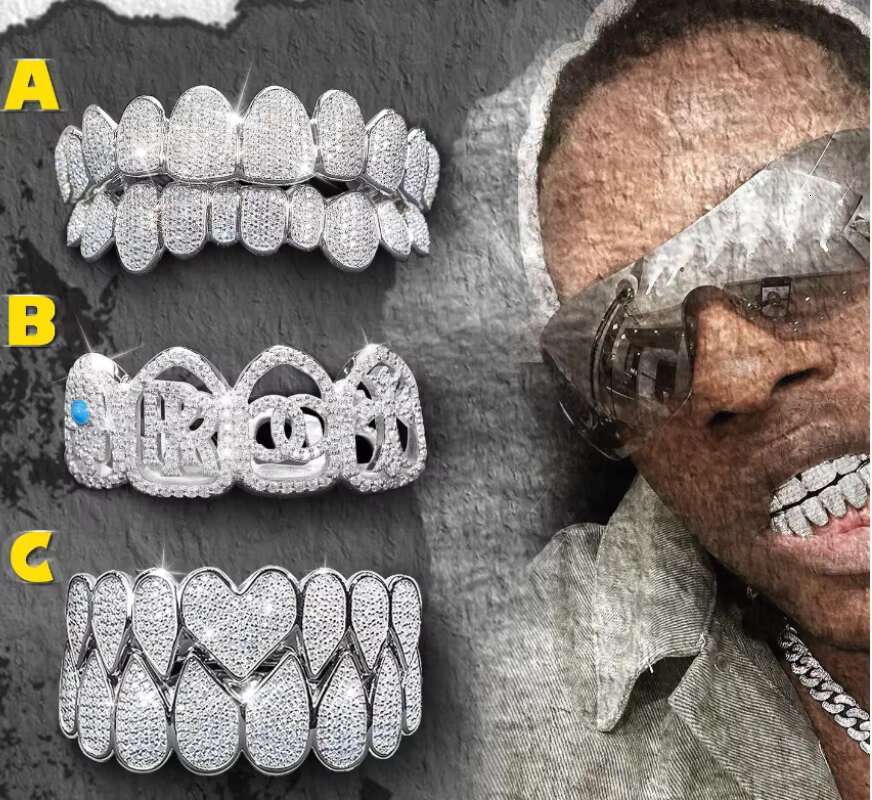 Hip Hop Custom Made Iced Out 925 Sterling Silver Grills VVS Moissanite Top 8 Bottom 8 Gold Moissanite Diamond Grillz