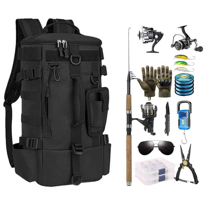 Tactical Fishing Backpack Tackle Bag with Rod Holders Fish Equipment Storage Molle Camping Hiking Outdoor Multifunctional Bag Z250411