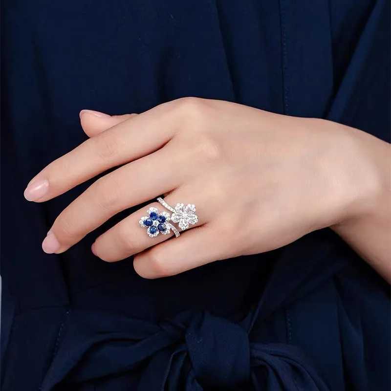 Korean Fashion Temperature Blue Crystal Twisted Leaf Womens Wreath 925 Pure Silver Jewelry Party RingXJ250412