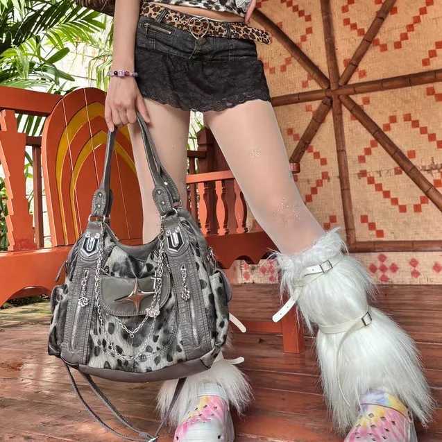 Grey Leopard Print Hangbag Cross Star Subculture Y2k Shoulder Bags Hot Girl Tote Large Capacity Portable Messenger Bag 2024 NewW251111