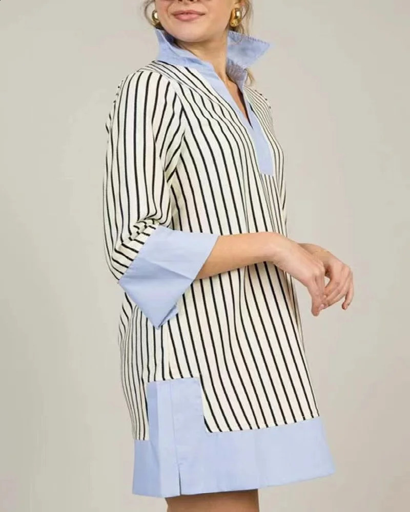 selling item for plus size womens fashion blue collar striped dress clothing 250411