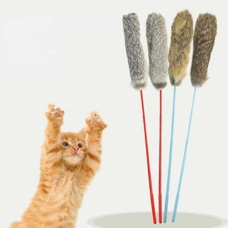 3 random colored teasing cat sticks artificial rabbit fur fluffy pet interaction sticks cat game training toys pet supplies Y250412
