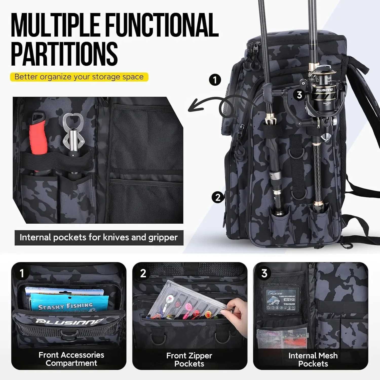 Fishing Backpack with Rod Holders Large Fishing Tackle Bag Store Fishing Gear Water-Resistant Lure Organizer Storage Bagpack Z250411