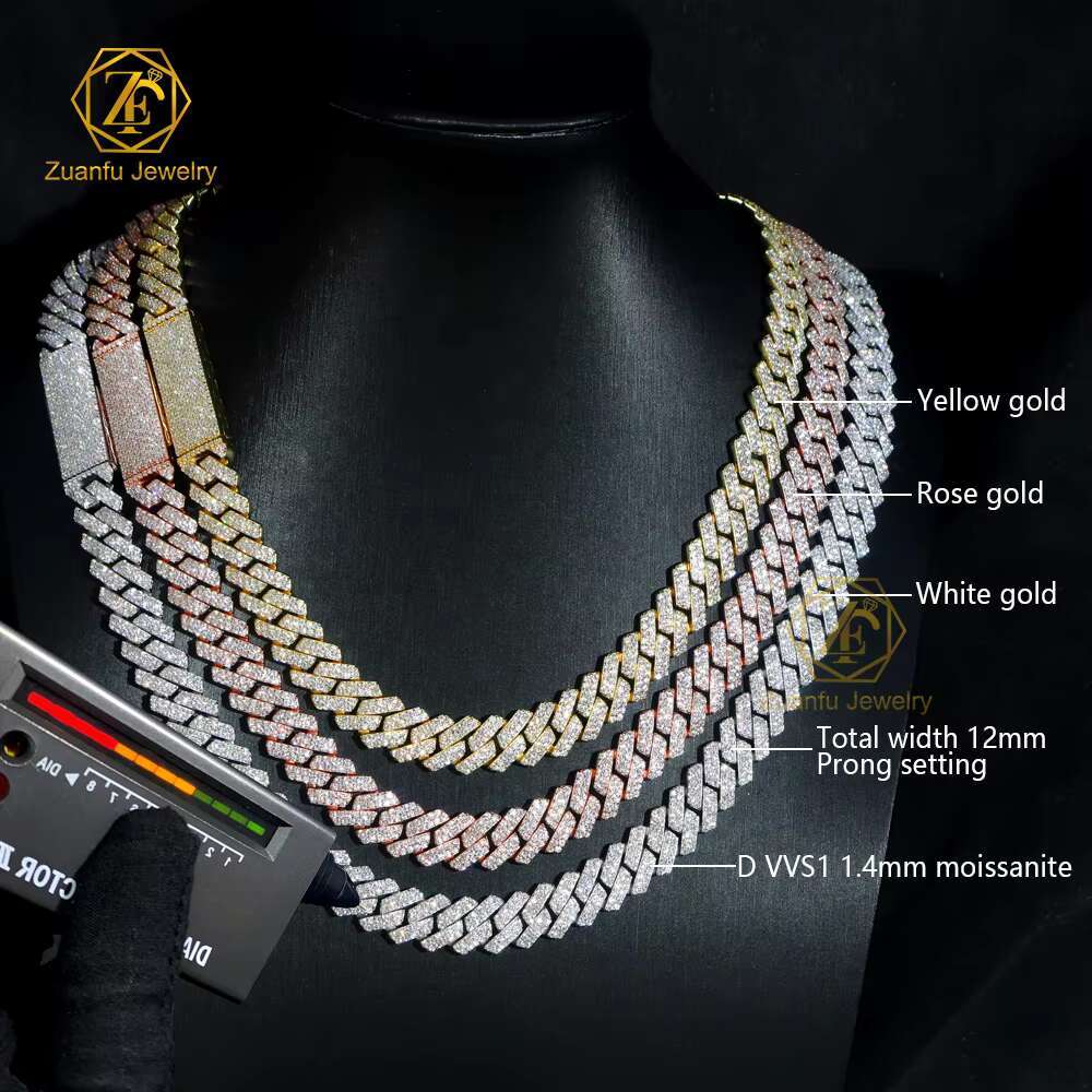 2025 Unisex Hip Hop Cuban Chain Necklace Real Pure 925 Silver Rhodium 8mm 10mm 12mm Moissanite Diamond Rose Gold Cuban Link