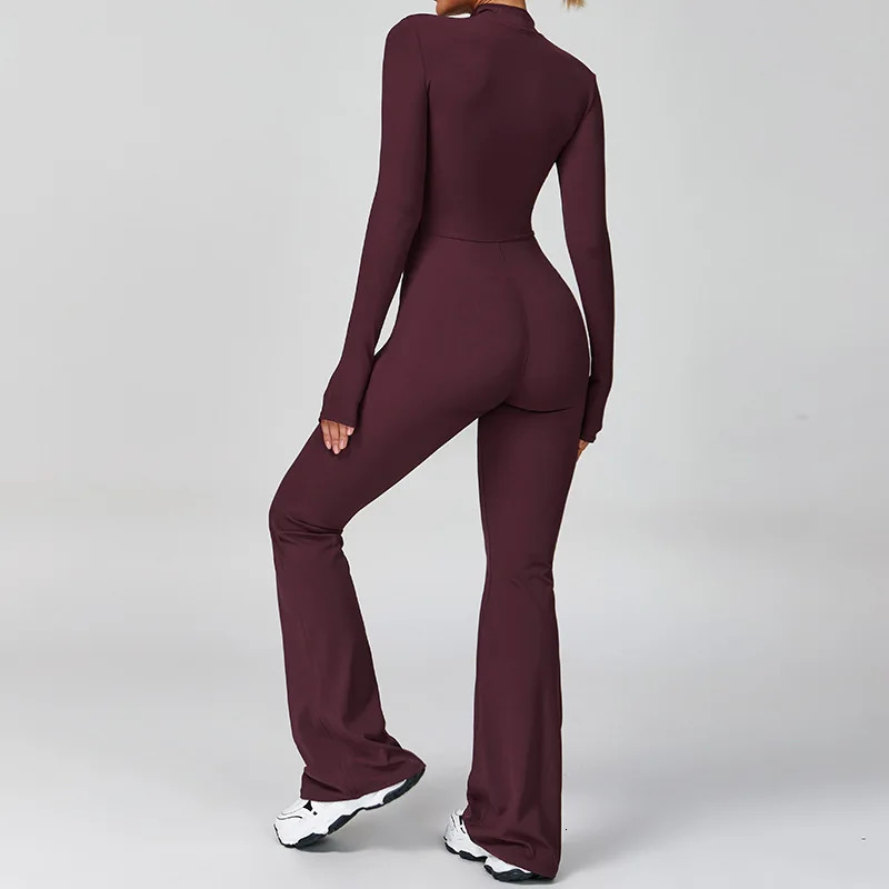 Women Tracksuit Zipper Flared Jumpsuits Yoga Suit OnePiece Sport Fitness Workout Set Stretch Bodysuit Gym Push Up Sportswear 251129