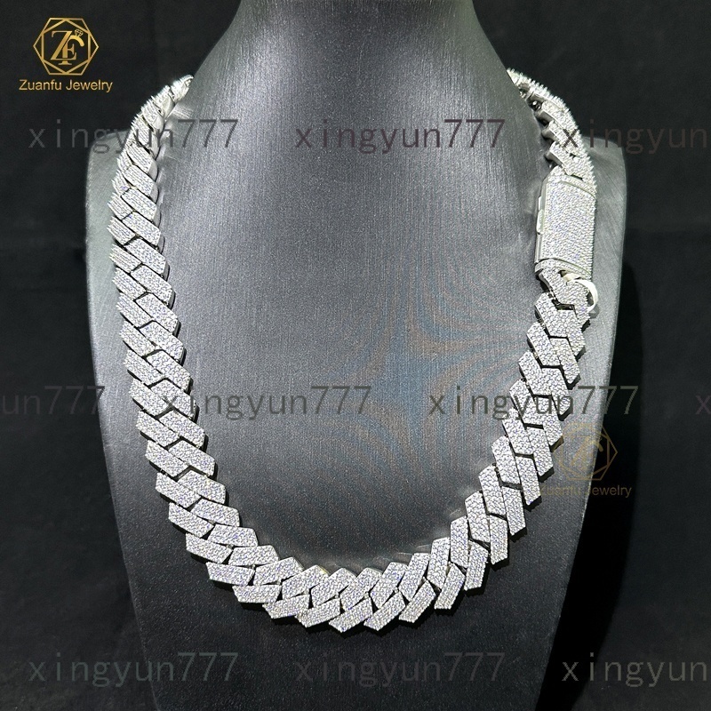 Cuban Link Necklace 18mm-20mm Wide with 3 Rows GRA D/VVS Moissanite for Men Silver Plated Cuban Iced Out Prong Cuban Link Chain