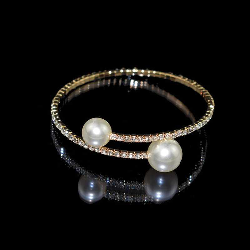 Elegant Crystal Imitation Pearl Open Bracelets for Women Gold Silver Plated Cuff Bangles necklace set Pulseras Mujer JewelryC250411