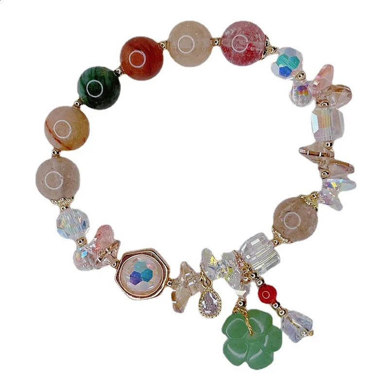 Natural green jadeite flower water droplet pendant multi-color rutile crystal bead bracelet exquisite jewelry for women YBR572 250407