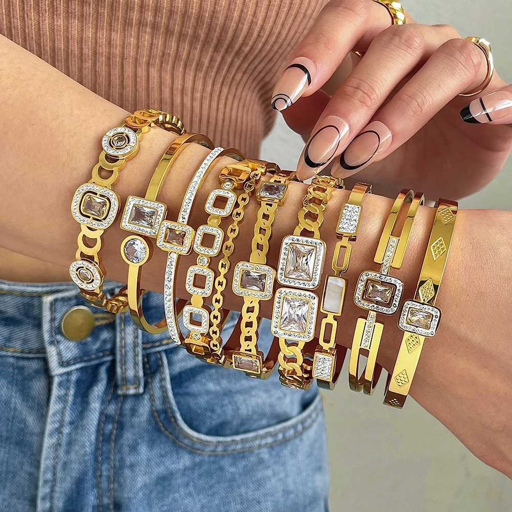 Flashbuy New Design Cubic Zircon Stainless Steel Bangles Bracelets for Women Geometric Gold Color Waterproof Fashion JewelryC250411