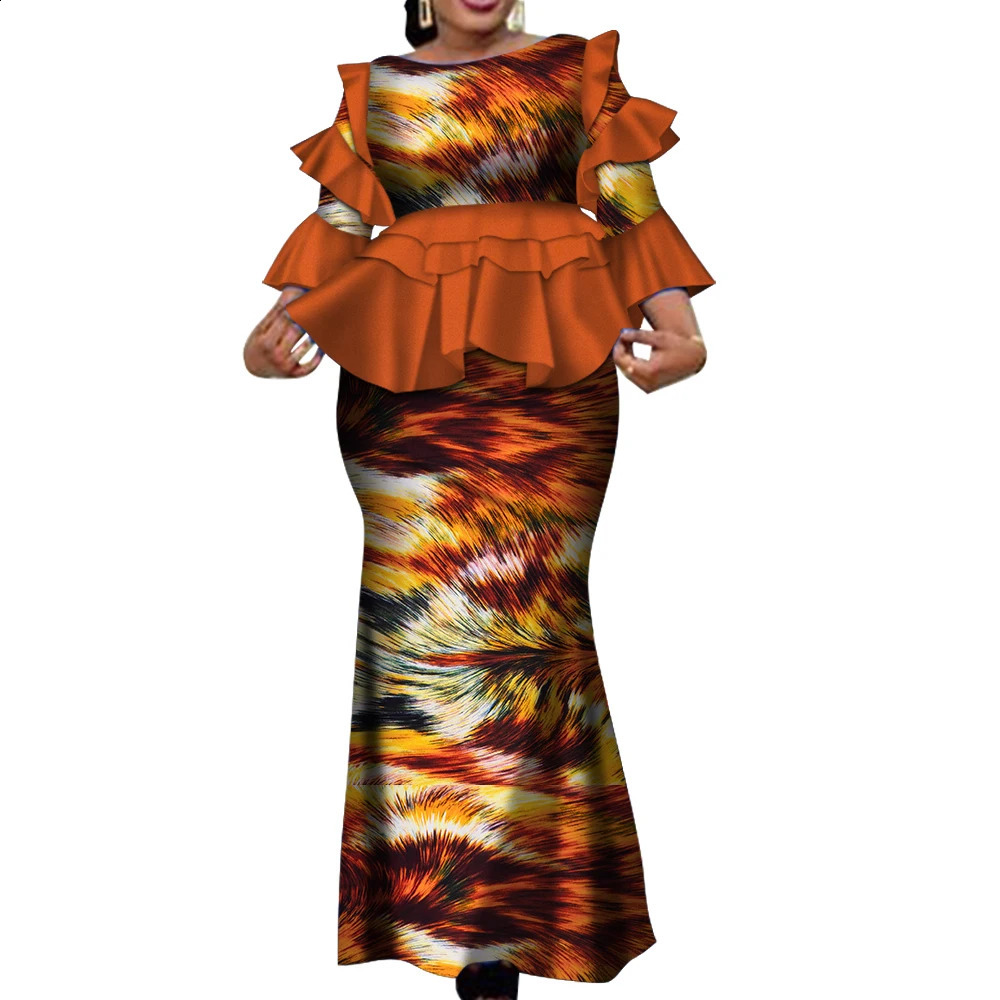 African Two Piece Outfits Set for Women Fashion Dashiki Ruffle Clothes Bazin Plus Size Clothing Party WY4142 250411