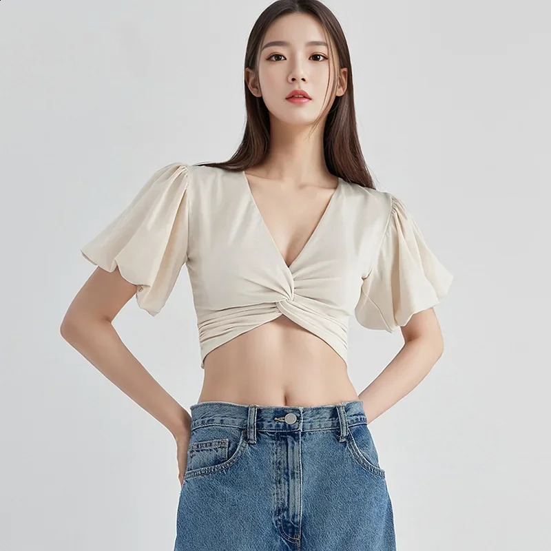 Elegant Bubble Sleeve High Waist Bikini Set Womens Deep V Sexy Small Chest Gathered Swimsuit Short Sleeve Two Piece Swimwear 250411