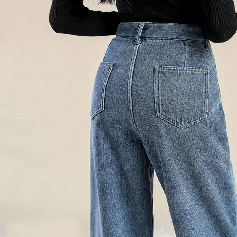 Winter Girls Plush Thermal High Waist Solid Jeans Lady Fleece Snow Warm Denim Pants Women Baggy Straight Leg Daily Trousers Z260313