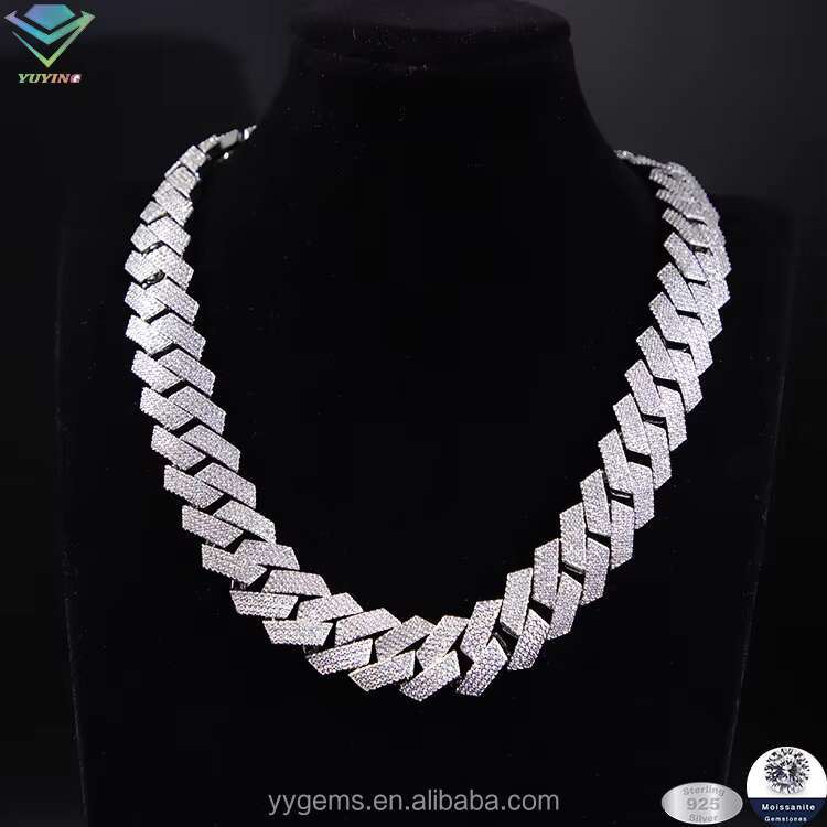 Yu Ying RTS Heavy Weight 20mm Wide 4rows Moissanite Cuban Chain Men Necklace S925 Silver Cuban Link Chains Jewelry