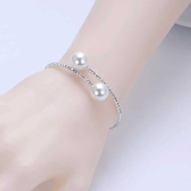 Elegant Crystal Imitation Pearl Open Bracelets for Women Gold Silver Plated Cuff Bangles necklace set Pulseras Mujer JewelryC250411