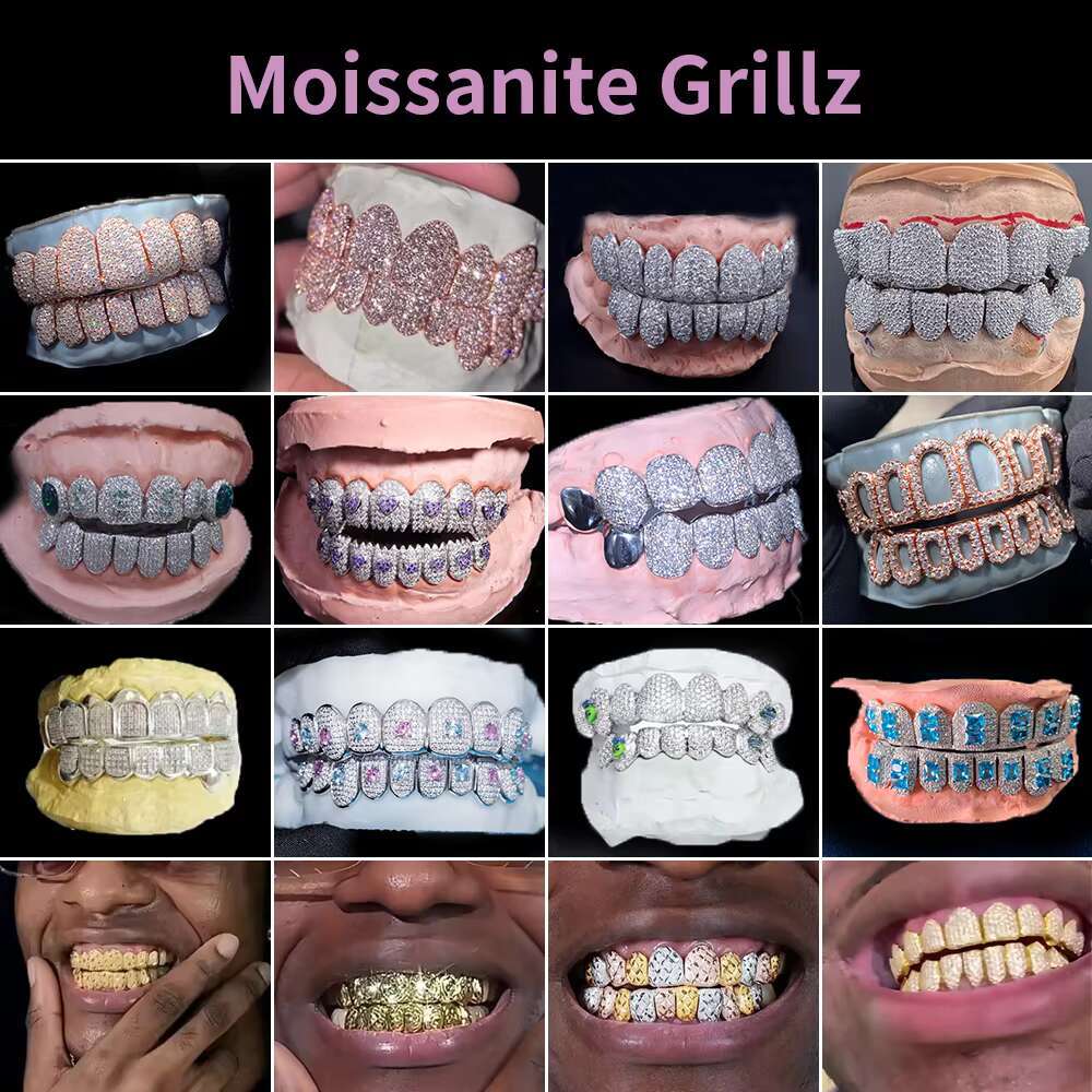 Iced Out Moissanite Grillz VVS S925 White Gold Plated Perm Cut Custom Grillz for Teeth