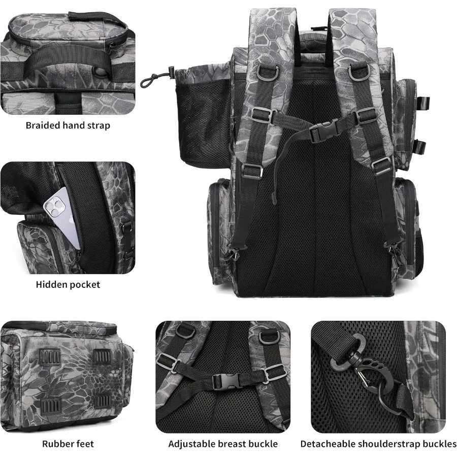 Rabjen Fishing Tackle Backpack with Rod Holders Bottle Holder Storage Bag Store Fishing Gear Z250411