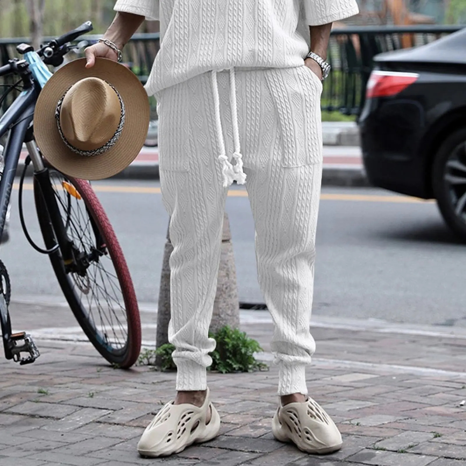 autumn mens loose casual sportswear high-quality jacquard V-neck long sleeved mens two-piece mens set 250411