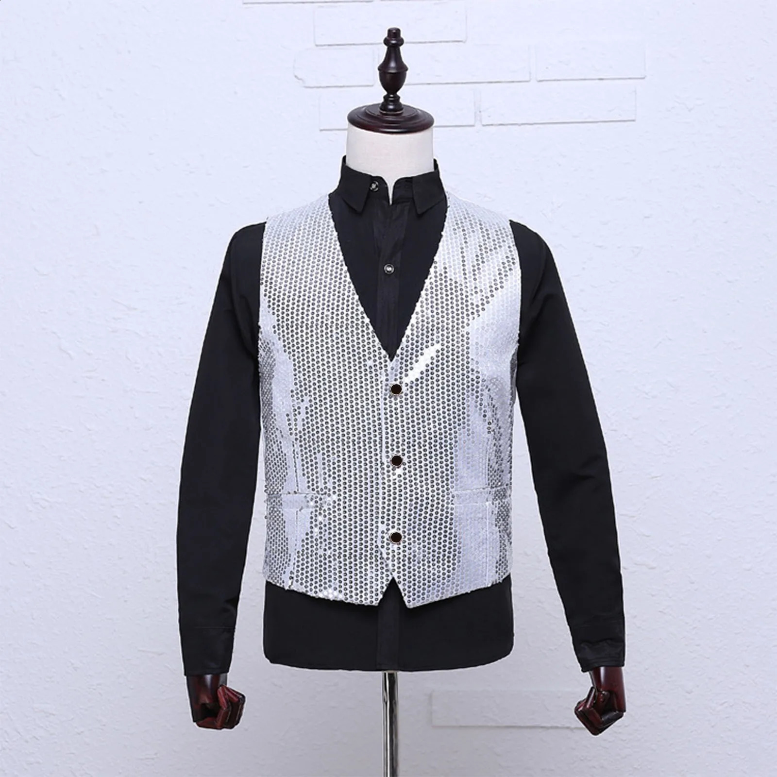 Mens Shiny Sequin Vest Jazz Dance Stage Performance Waistcoat Rave Club Cocktail Party Music Festival Costume Dancewear Vest 250407
