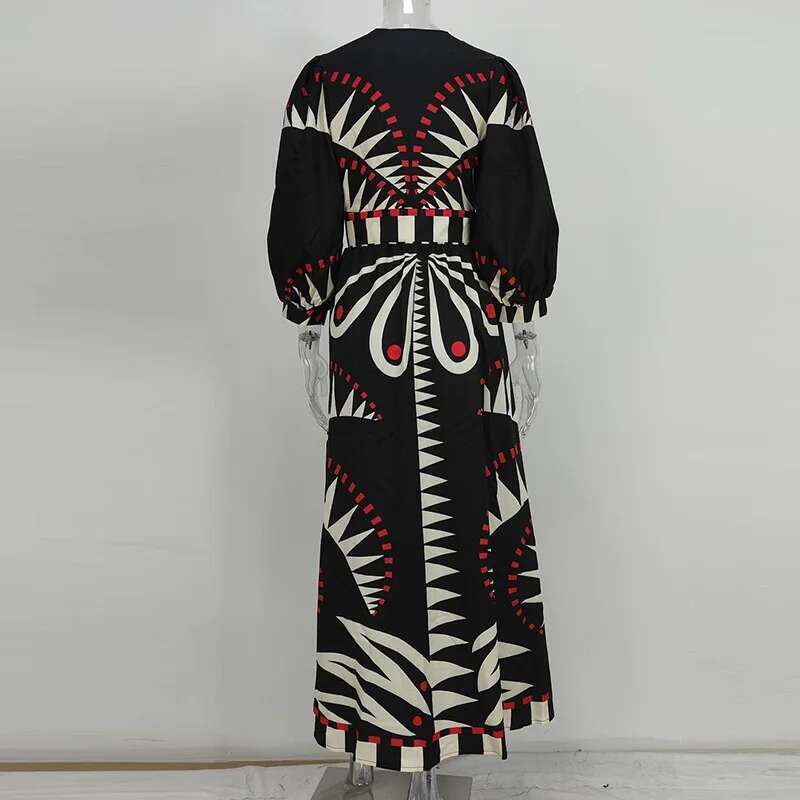 Summer Fashion Pattern Print Long Spring Elegant Deep V-Neck Split Bohemian Women Casual Lantern Sleeve Party Dress