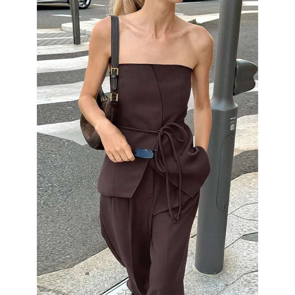 Designer Clothes Women Pant Sets Sexy Backless Straps Sleeveless Lace Up Top Loose Wide Leg Pants Suit Female 2025 Summer Fashion Lady Outfits