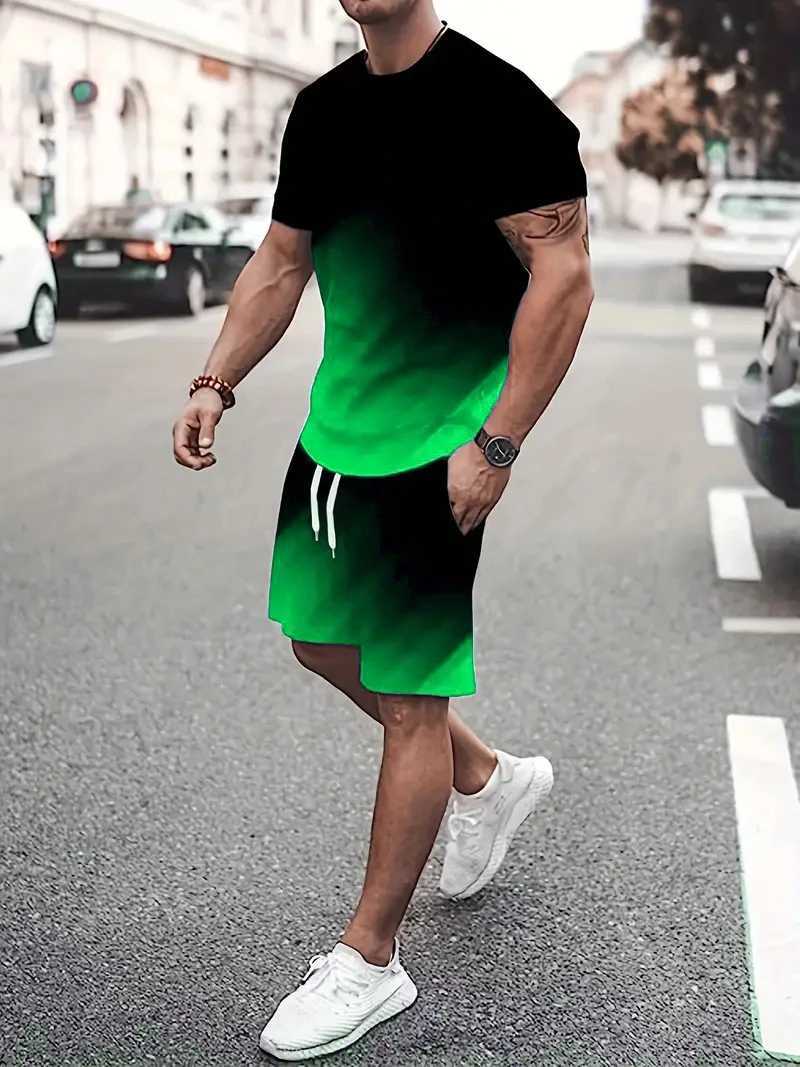 Fashion tie dye patterned short sleeved T-shirt and mens short sleeved set summer 3D printed gradient street comfort set 6XL Plus sizeXJ250412